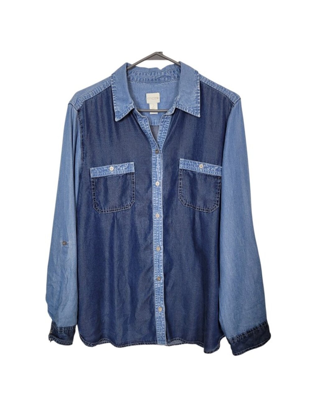 Chico's Two Toned Chambray Button Up Shirt Roll Tab Sleeves Sz 2 (Lg) Western